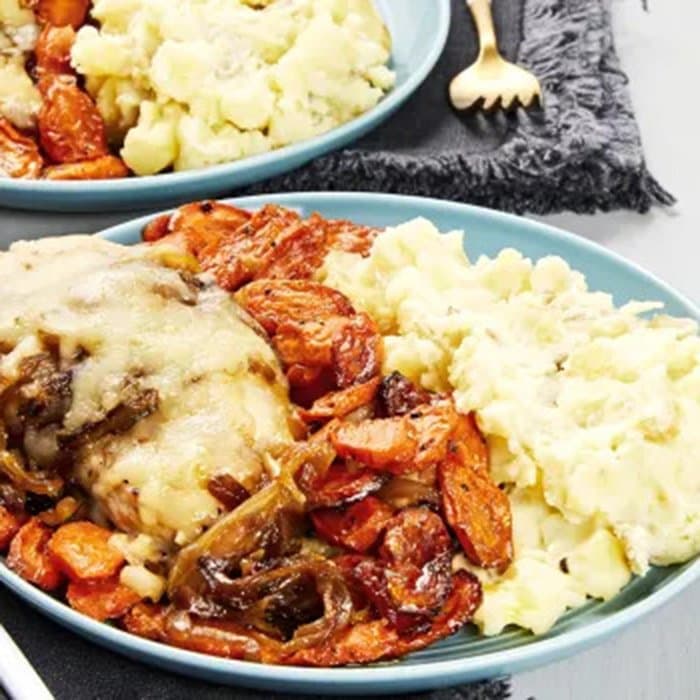 image of French Onion Chicken with Roasted Carrots & Mashed Potatoes