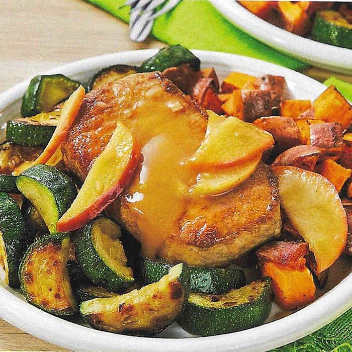 image of Skillet Apple Pork Chops with Roasted Sweet Potatoes & Zucchini