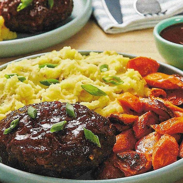 image of Soy-Glazed Meatloaves with Wasabi Mashed Potatoes & Roasted Carrots