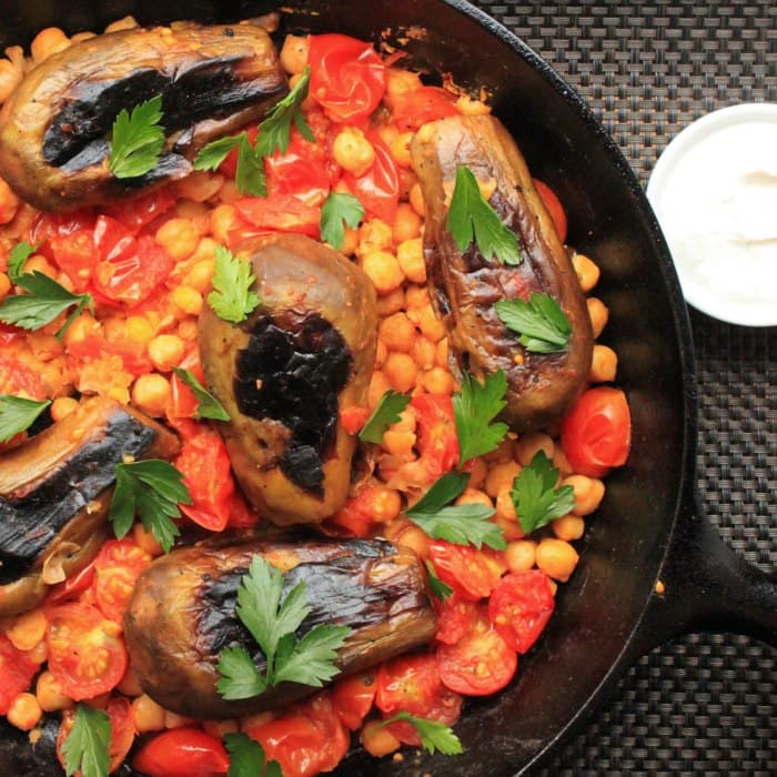 image of Stovetop Eggplant With Harissa, Chickpeas, and Cumin Yogurt