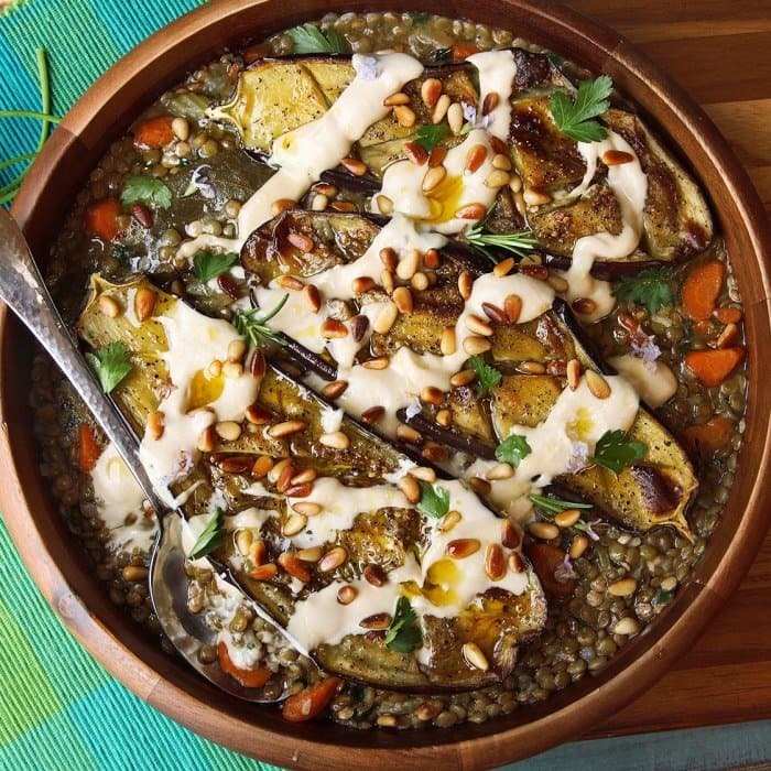 image of Roasted Eggplant With Tahini, Pine Nuts, and Lentils