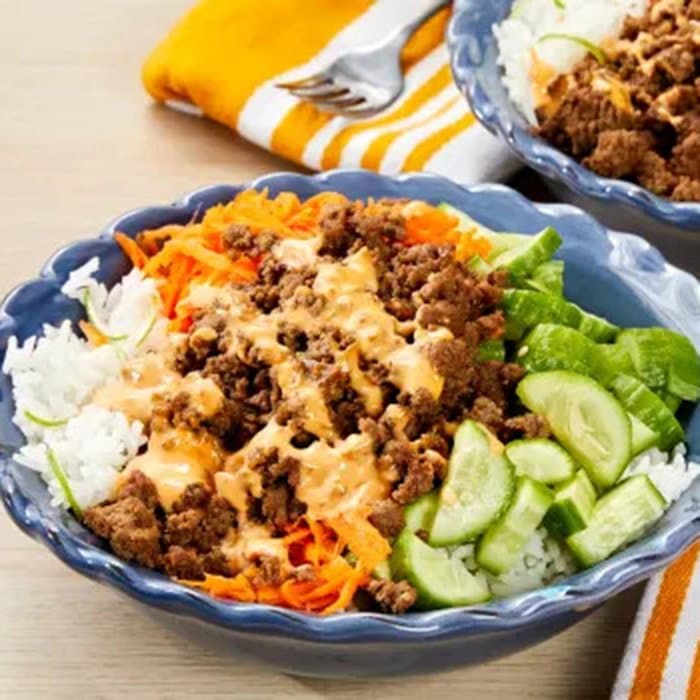 image of Beef Banh Mi Bowls with Sriracha Mayo, Carrot & Pickled Cucumber